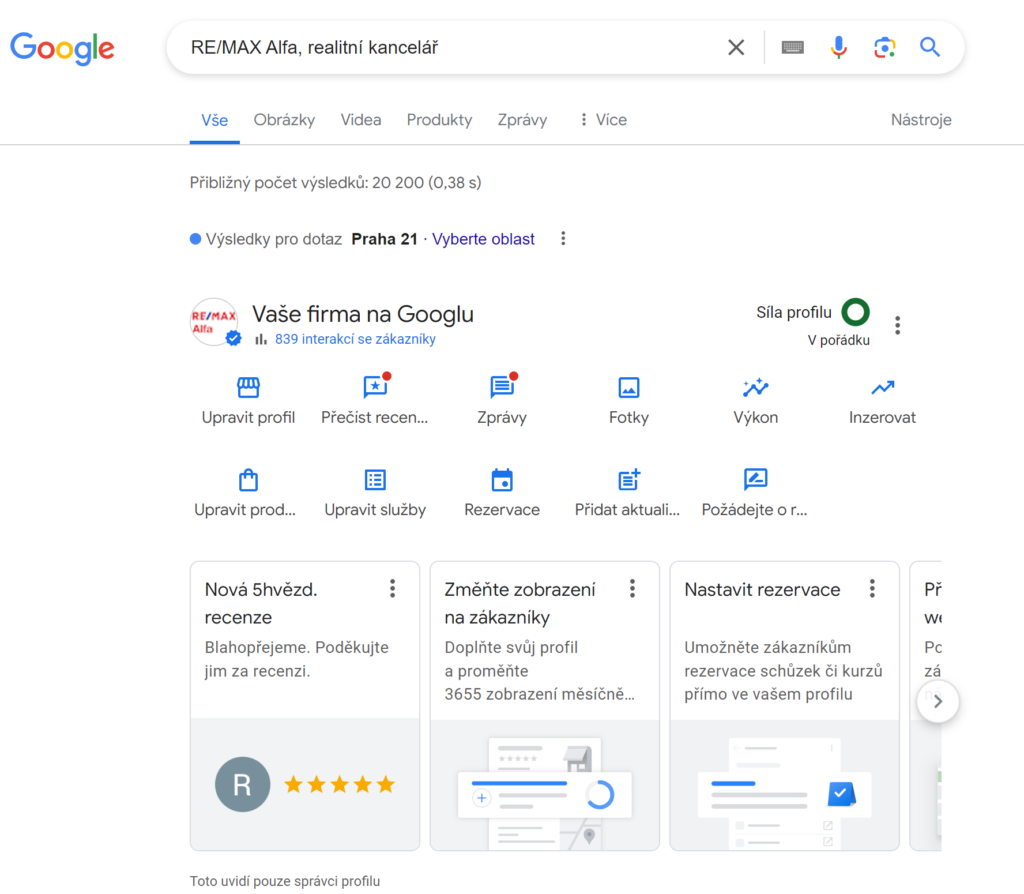 Správa profilu Google moje firma