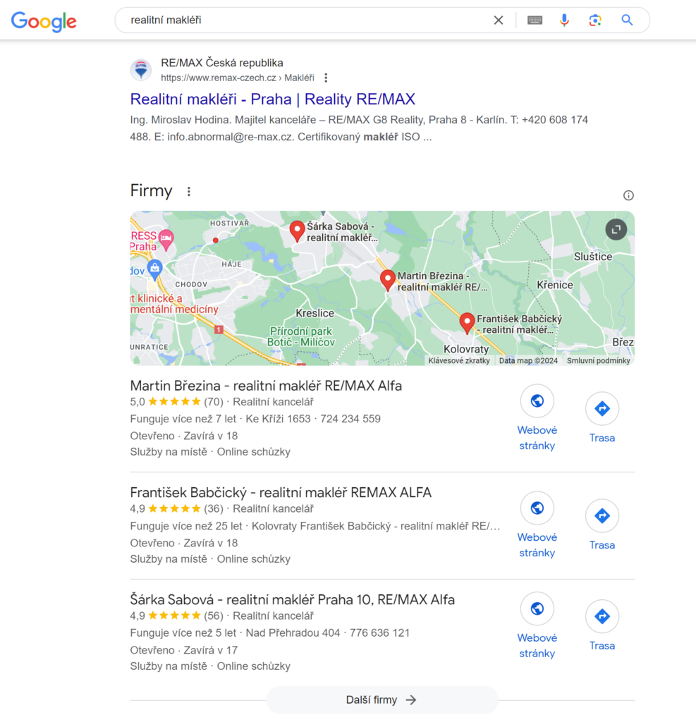realitní makléři na Googlu